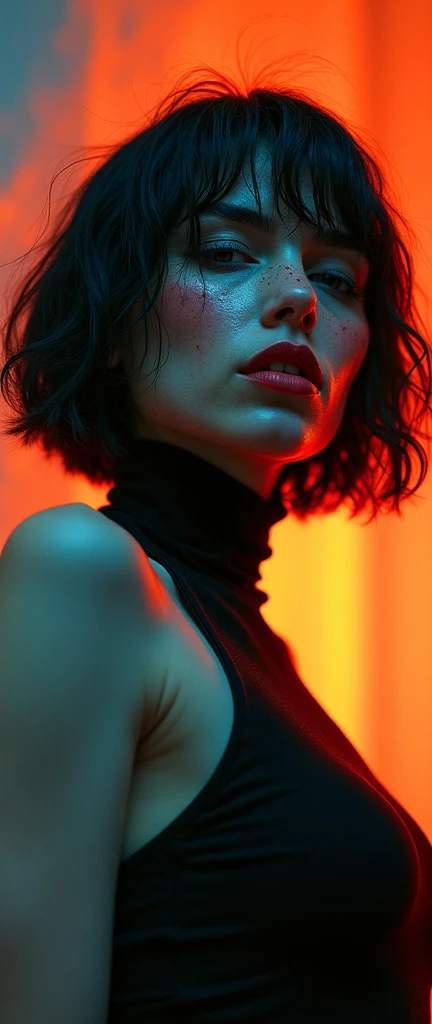 ultra-detailed, realistic, wallpaper,woman, disheveled, hard breath, bob cut, sexual tension, red lips, sexy despair, sweat, desperation loosing control, turtleneck, void, abstract, orange blue, 