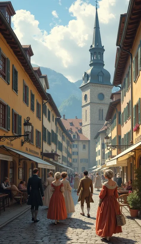 People from the 1760 era walking through the city center of Switzerland  