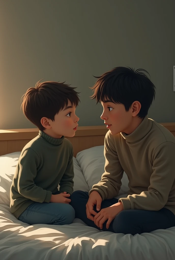 

depict a 16-year-old boy wearing a turtleneck sitting in a bedroom and sitting on a mattress with his father having a conversation