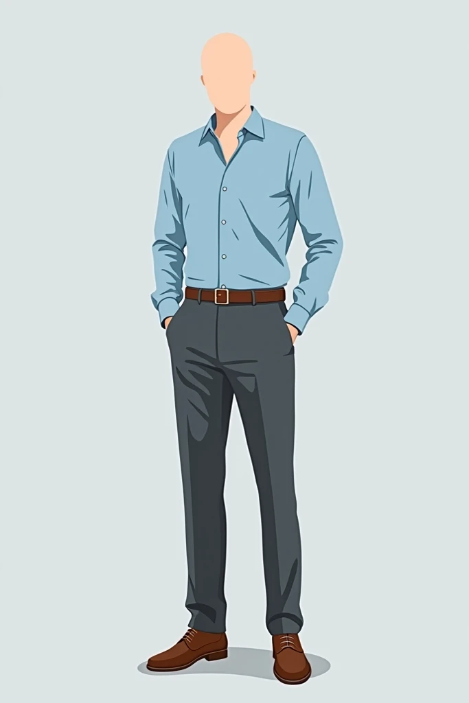 Generate a photo, with a male with long sleeves light blue and dark grey slacks with brown leather shoes with no face just illustration