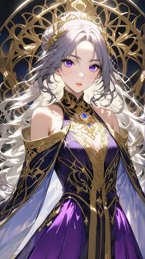 age/gender：29 years old /  female
Occupation is a witch （Witch）

hair：deep purple 。 lace up boots {x} lace up boots on the feet {x} } There is a gradation like a starry sky。
hair型： long hair up to the waist 、 wavy curls 。
Eyebrows/eyelashes： thin eyebrows ...