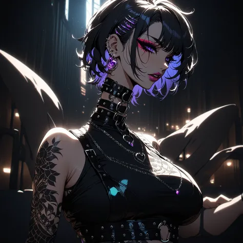 1girl, Holo-Punk Style, goth, black hair, earrings, eyelashes, indoors, jewelry, lips, makeup, necklace, short hair, solo, tattoo, faux hawk, punk aesthetic, foreshortening, darkbackground, cinematic lighting, masterpiece, best quality , big breasts