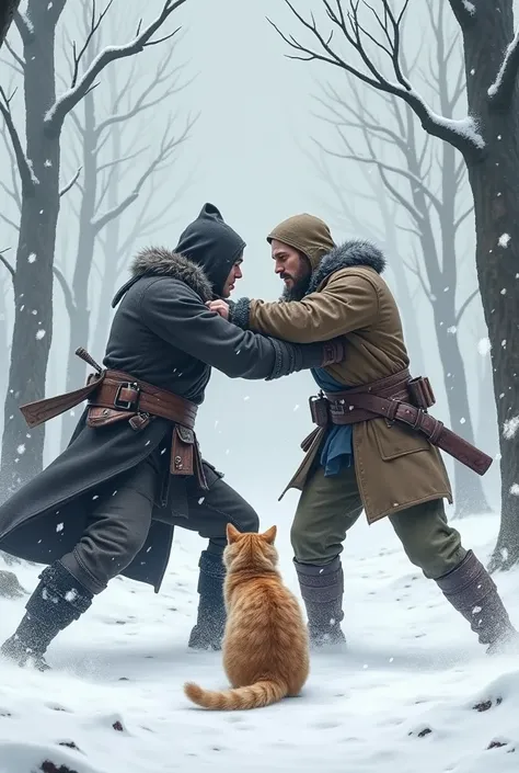 There was a fight riding on a snowy day with a cat.