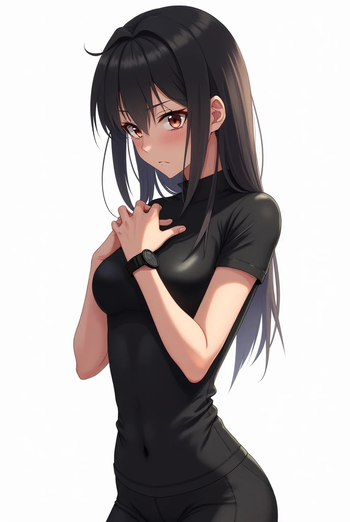 Anime girl wearing leather t-shirt and leather pants worried and with a white background and full body and a black watch with her fists on her chest both hands with an emotion of nervousness and with an expression of concern and a feeling of sadness 