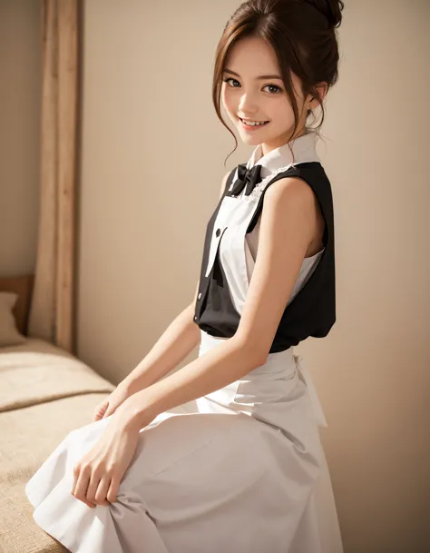 maid,cute pretty girl,masterpiece,high definition,4k,8k,16k,chignon hair,brown hair,skinny,thin body,smile