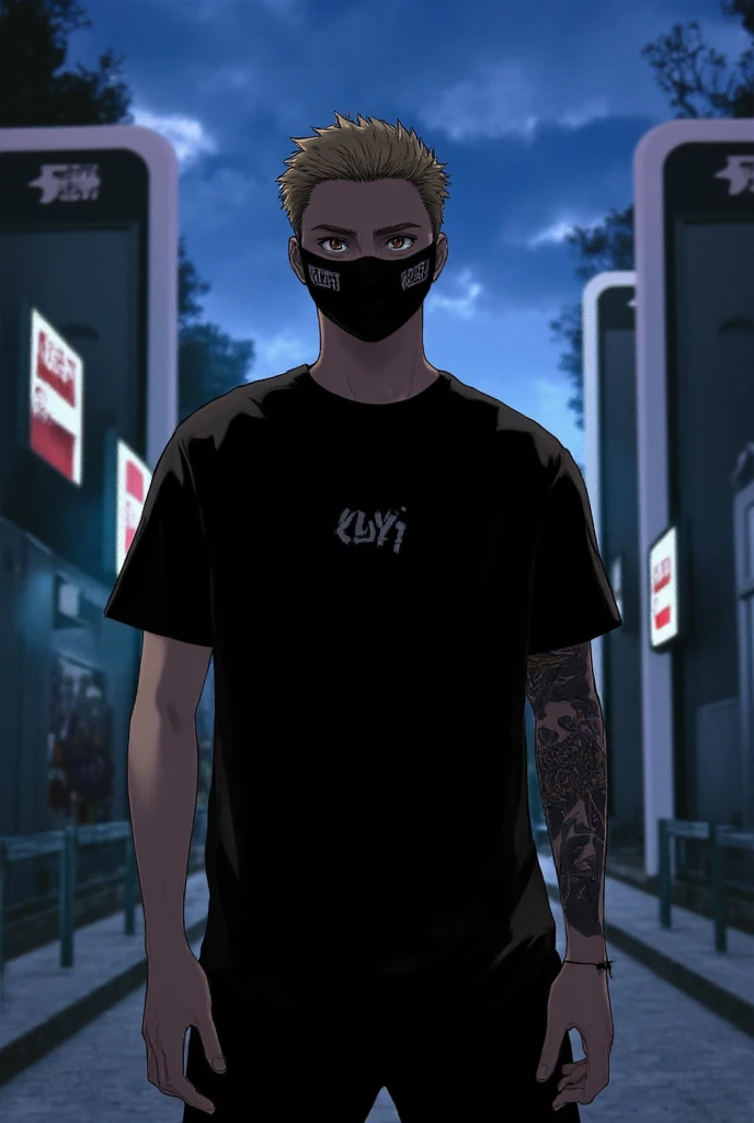 A boy wearing a gangster mask with a 3D anime tattoo confidently stands ,  wearing a stylish black t-shirt printed small in the white “Kuroi” center."  His faded hairstyle accentuates a sharp hairline , against an urban tech scene bathed in a dark twilight...