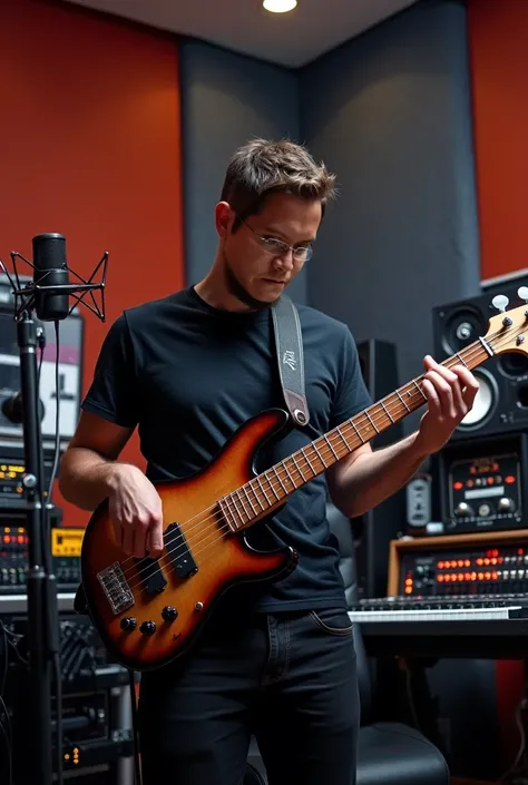 This man records some electric bass lines in his professional home studio 