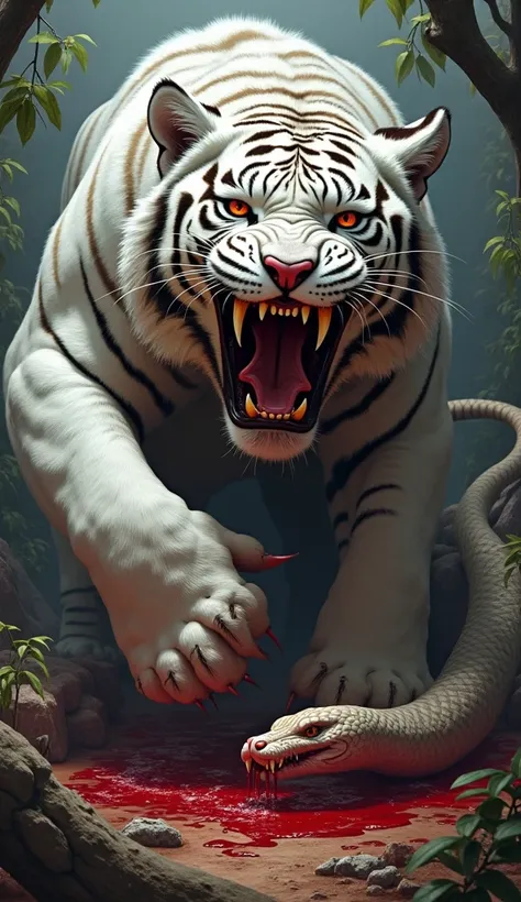 A fat white tiger of terrible size. He is killing a huge snake. Blood stains on their bodies. They are laughing very angrily.