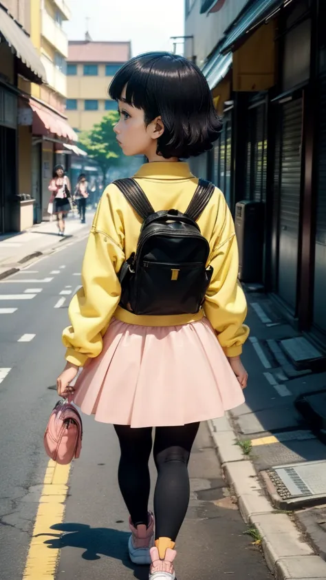 himawari uzumaki short straight hair in black ,  dressed in a wide pink skirt and a yellow polo shirt pink sneakers and white ti...