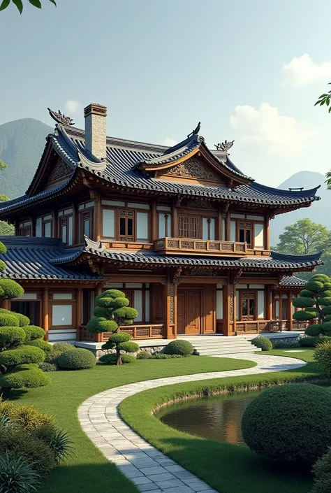 Create the interior and garden of a mansion that combines traditional Korean style and German traditional style