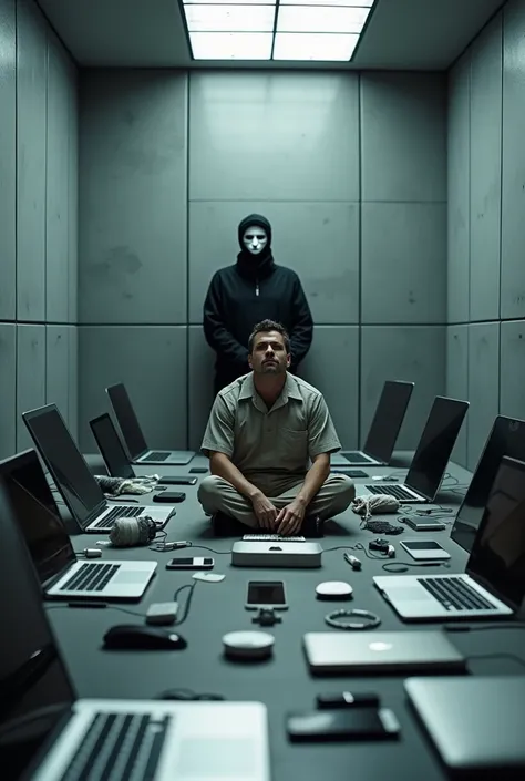 a prisoner surrounded by apple ,  products in a minimalist cell with a jailer wearing a mask with the Apple logo