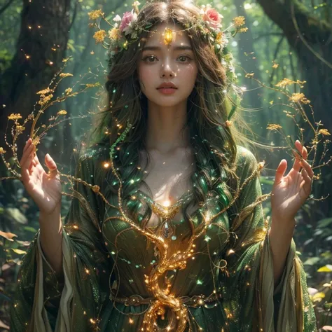 A majestic and awe-inspiring earth goddess with long, flowing hair intertwined with glowing vines and adorned with radiant gemstones and blooming flowers. She wears an elaborate gown resembling ancient tree bark and moss, infused with golden veins of glowi...