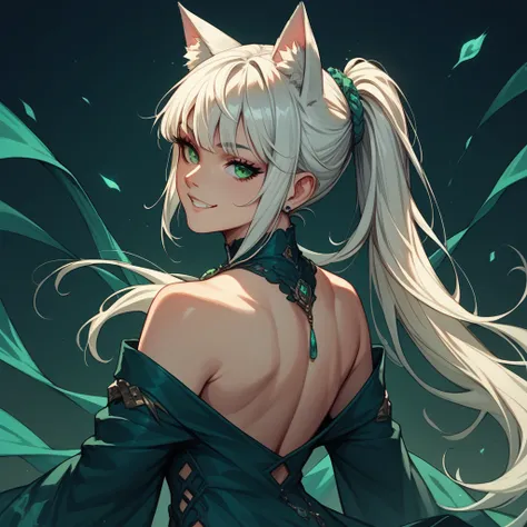  One Man　 long hair　 wolf cut　bangs　Ponytail　white Hair　 green eyes　smile　Cat ears　Back view