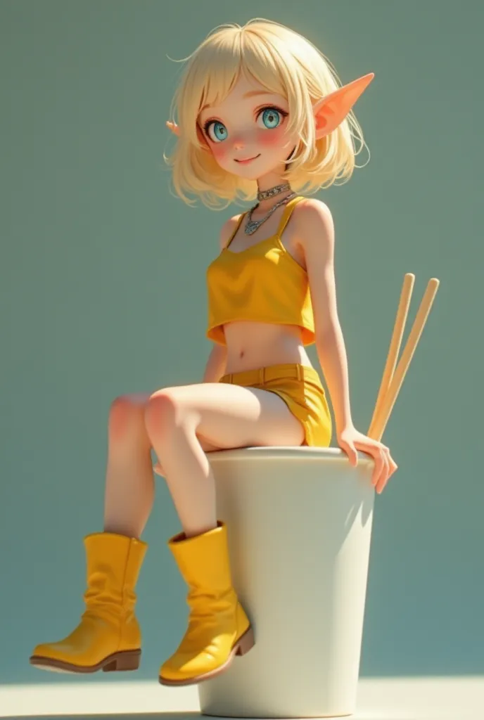 a cup noodles with the cover tightly closed, a small miniature elf figure sitting on the edge of the cover, pvc texture, blonde ...