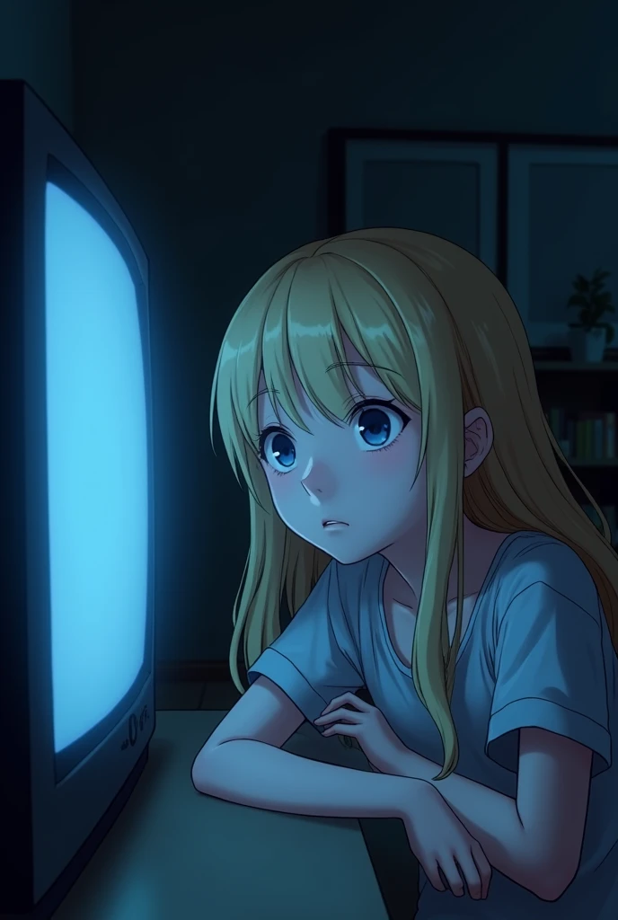 Realistic image of a blonde girl watching television at night slightly interested in the message