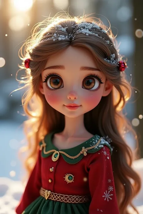  Close-up of an improved masterpiece:1.5)0.9], (Christmas) (long brown hair) ( light brown eyes1 .2) ( red and green Christmas dress) (snow everywhere ) (A radiant glow:1.1) (Animated doll )