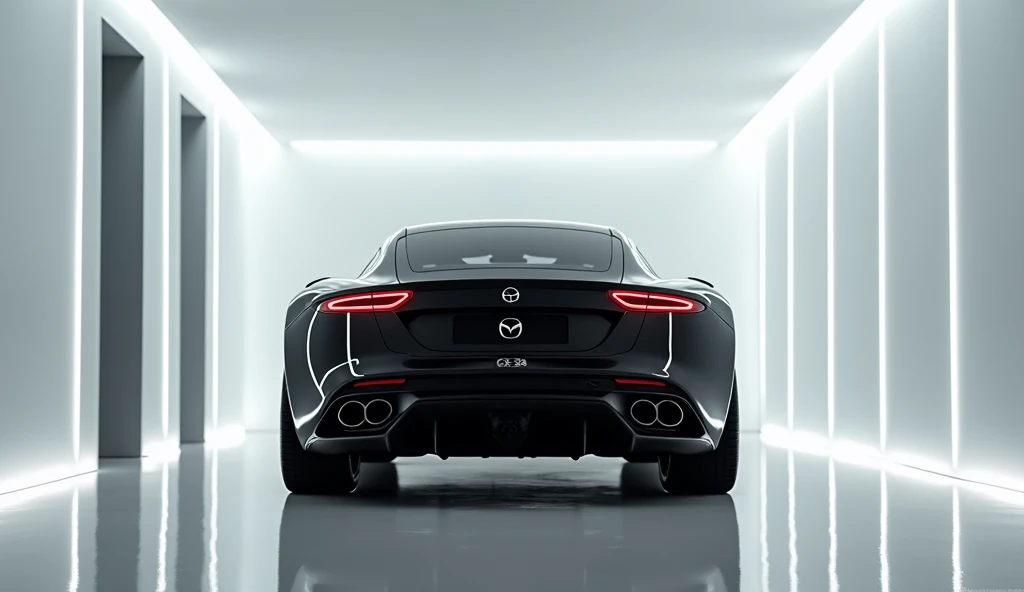 A photo of a black 2025 maserati mc 20.  parked in the middle of a bright, modern gallery with smooth, reflective floors. The car is displayed from the back but logo on it should be Mazda. the tube lights light are reflecting on the car and makings line on...