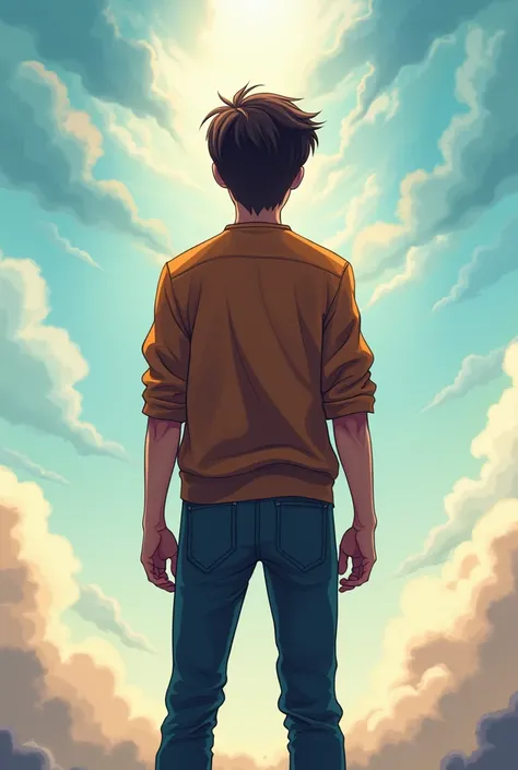 masculine determined teenager boy with a entrepreneurial vision standing tall towards sky and showing back with leaving a mystery