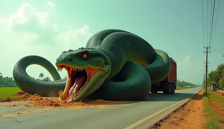 "((Ultra realistic photo)) A gigantic, terrifying serpent with its mouth wide open, showing rows of sharp, menacing teeth, coiling around an Indonesian sand truck on a rural highway. The truck, covered in dust and dirt, is severely damaged, its metal frame...