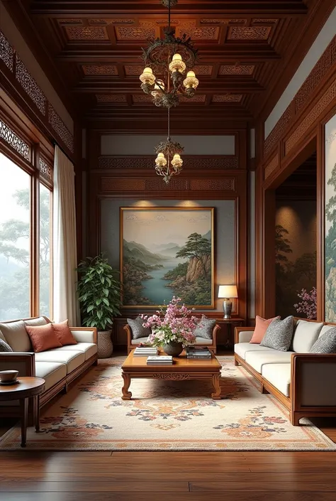 Create the interior of a mansion that combines traditional Korean style and German traditional style