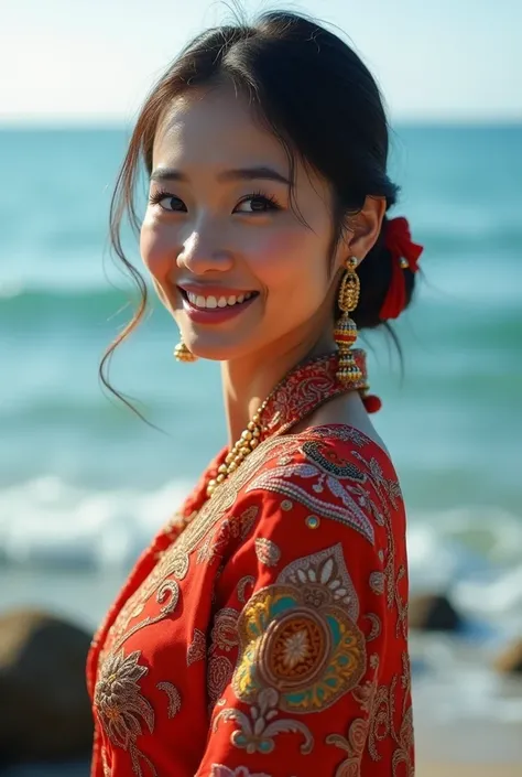 30years old Myanmar woman with myanmar dress . Sea background 