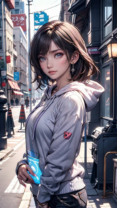 anime girl , white short hair,  purple eyes,  hoodies , pc, streamer, vtuber,  street style