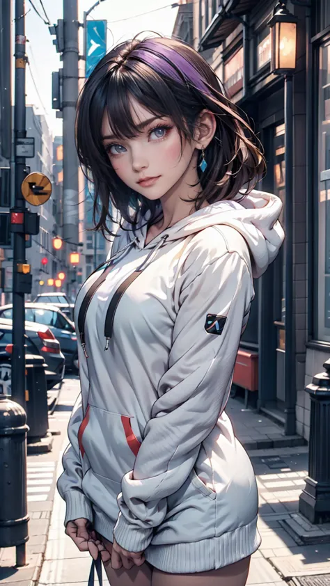 anime girl , white short hair,  purple eyes,  hoodies , pc, streamer, vtuber,  street style