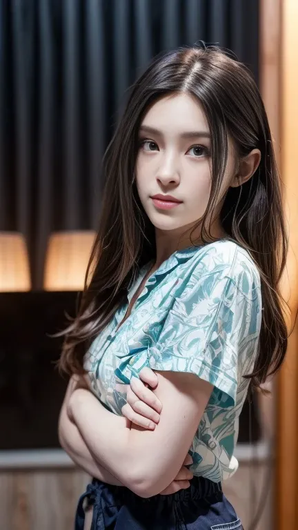 realistic, ultra detailed, photo display from head to toe, a 23 year old girl, wearing a long button shirt and short pants, naughty expression, no makeup, bare face, beautiful face, sweet face, hands 1:3, ((small breast, perfect round :1.1)), soft color gr...