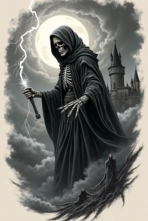 A man with  tattoo on arm .the tattoo is a grim reaper hold thunder and hogwart with dementor float to confront background . The sky on tattoo with storm and lightning .in realistic fineline style.

