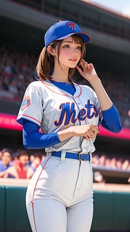 A very beautiful woman wearing a New York Mets uniform,Hitting at Giants Stadium、 stand in the batter box 、Ready