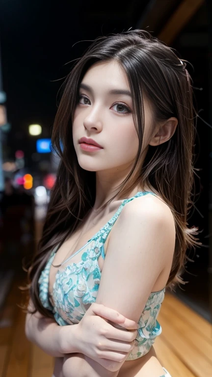 realistic, ultra detailed, photo display from head to toe, a 23 year old girl, wearing a crop shirt and short pensil skirt, naughty expression, no makeup, bare face, beautiful face, sweet face, hands 1:3, ((small breast, perfect round :1.1)), soft color gr...