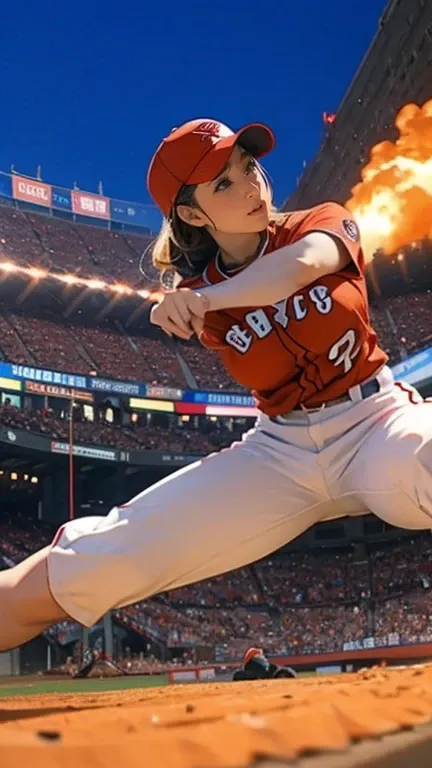 A very beautiful woman wearing a Red Sox uniform,Hitting at Giants Stadium