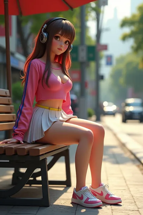 for a beautiful Indonesian girl cinematic 3D character, (very curvy body), (((Very big breasts))), cleavage is visible,long emo hair in brown to red gradient, wearing a long sleeved shirt pink with blue stripes, wearing a white pleated short skirt, wearing...