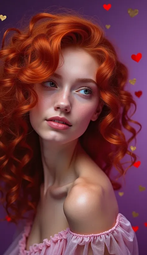 Curly red hair that says Divine Curls with a purple background and red and gold hearts leave a space on the right with only a background and hearts 