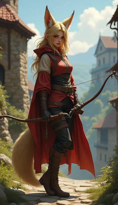 Fantasy, medieval,High quality, high detailed, realistic style, female, fox female,fox ears,fox tail,Thiefs Clothes,Armed with a short bow