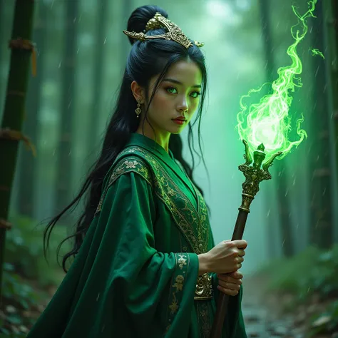  Asian female goddess , with eyes,  bright green irises ,  master wizard outfit , with green magic ,  holding an epic staff ,  walking in a bamboo forest in the rain, close up photo, realistic 