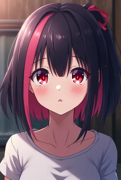 Anime scene cap of a girl with purple, pink and black hair, she have hime cut, and also red eyes