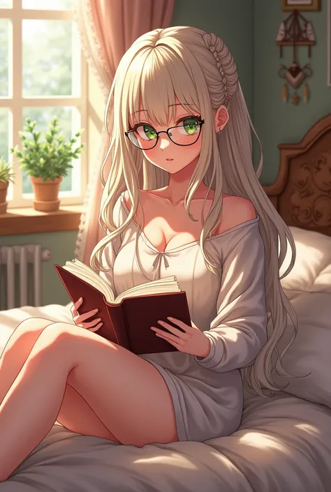 An anime of a gorgeous woman reading in her bedroom. She has long, coiled platinum blonde hair, green eyes, and glasses