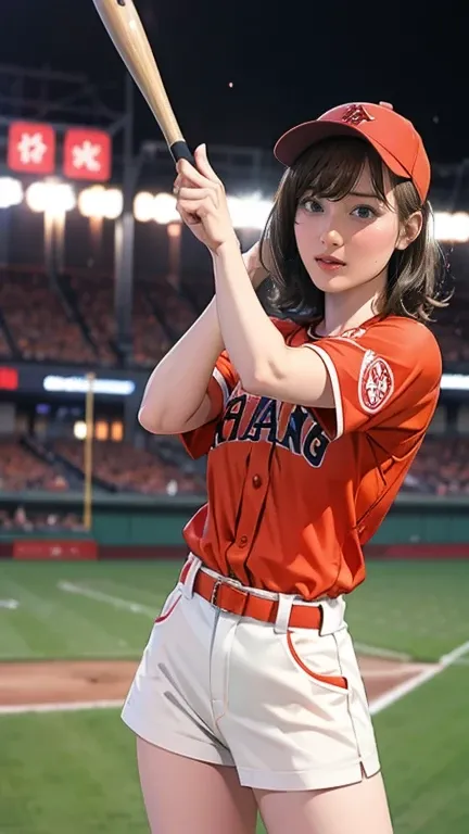 A very beautiful woman wearing a Hiroshima Carp uniform,Hitting at Giants Stadium、 bat