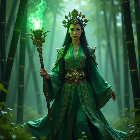  Asian female goddess , with eyes,  bright green irises ,  master wizard outfit , with green magic ,  holding an epic staff ,  walking in a bamboo forest in the rain, close up photo, realistic 