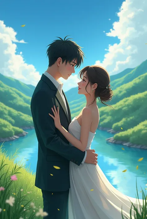 Couple school japanese (cold man and sweet girl), beautiful view, 8k resulation, aesthetic, background is outdoor, semi-realistic 