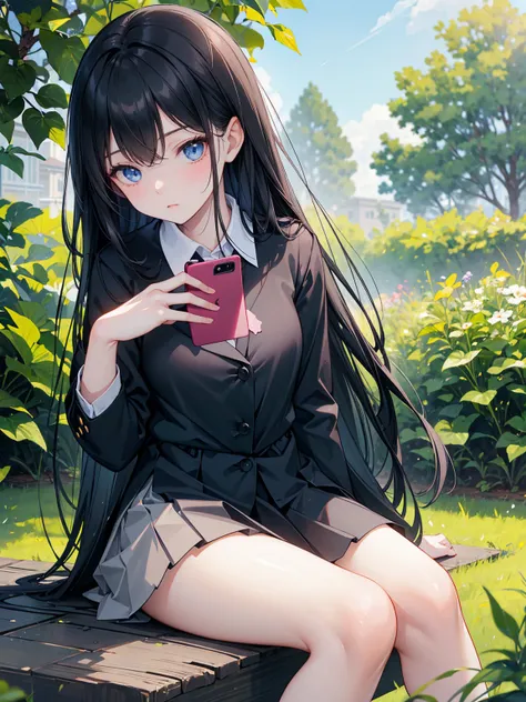    LONG BLACK STRAIGHT HAIR  , school uniform，  blue eyes ，  holding smartphone  , Relaxation posture, sit, Review, HEALTHY SKIN , Outdoor scenery, Green leaves and blue sky, Bright natural light     ,     The sun shines in from the top left,    A warm and...