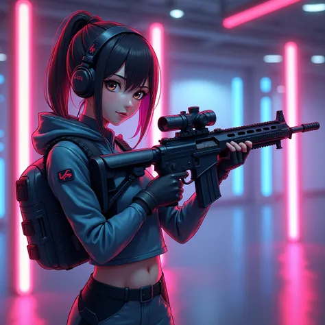 a girl player stand with sniper rifle (AWM),her background type RGB,anime game player 