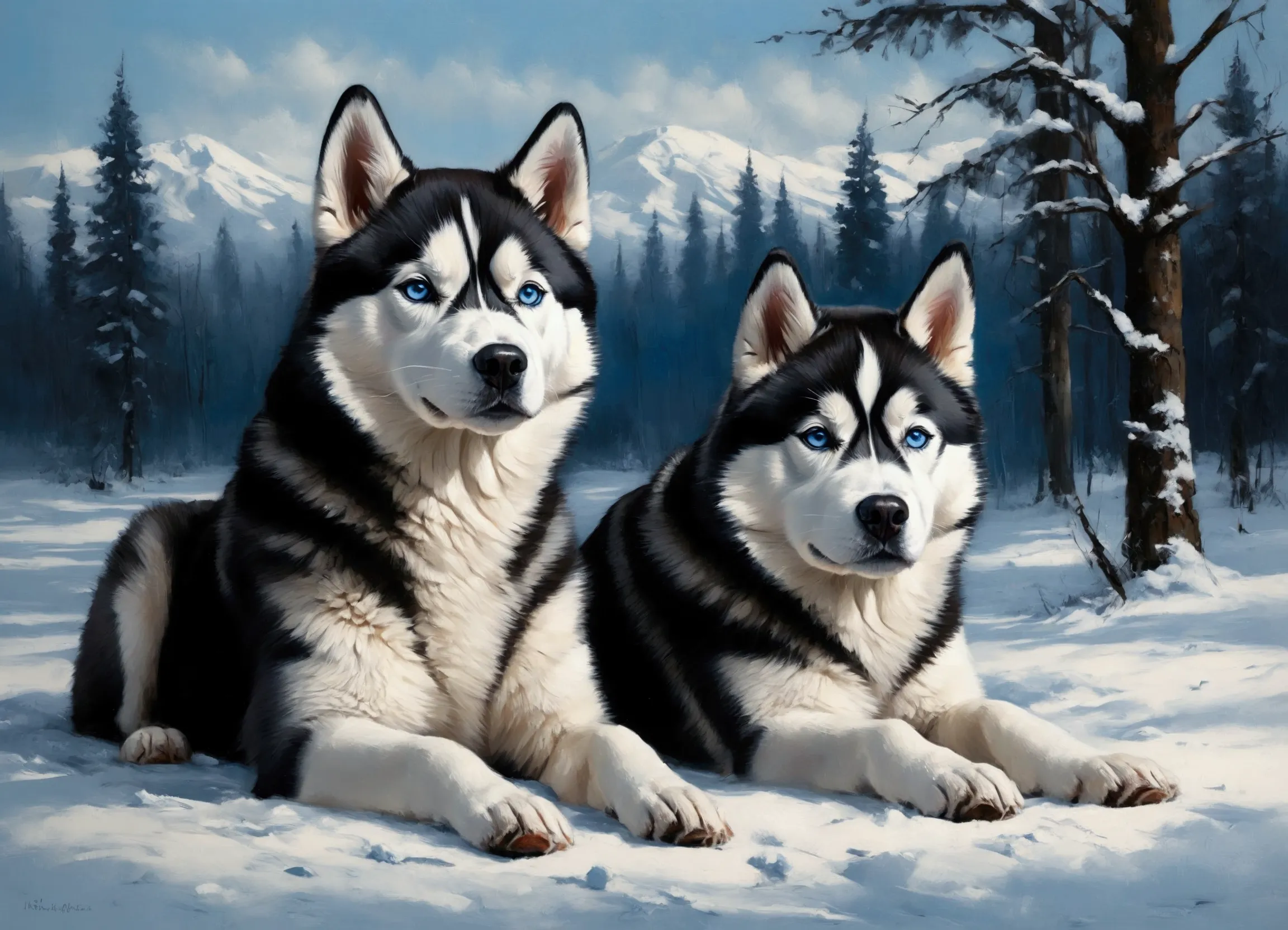 paint a siberian husky with sharp, clean features and its iconic piercing blue eyes. use rich, textured oil strokes to create a ...