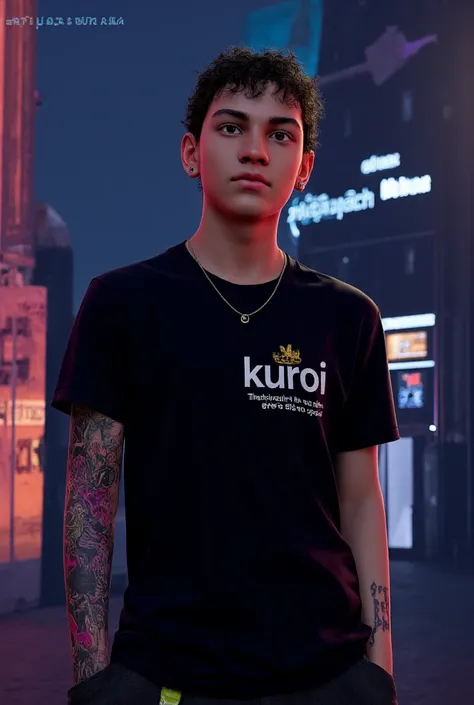 A kid wearing Cyberpunk Streetwear with a 3D anime tattoo stands up confidently,  wearing a stylish black t-shirt printed small in the white “Kuroi” center."  His faded hairstyle accentuates a sharp hairline , against an urban tech scene bathed in a dark t...