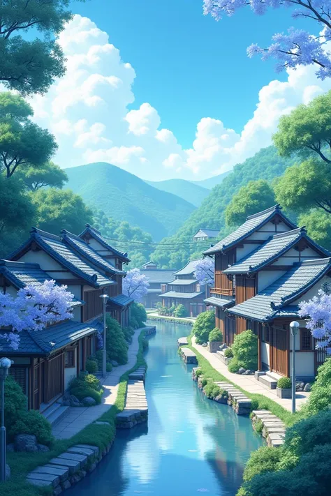 Generate an image showing a Japanese neighborhood and lots of light blue leaves and that is in 4k and that looks realistic 