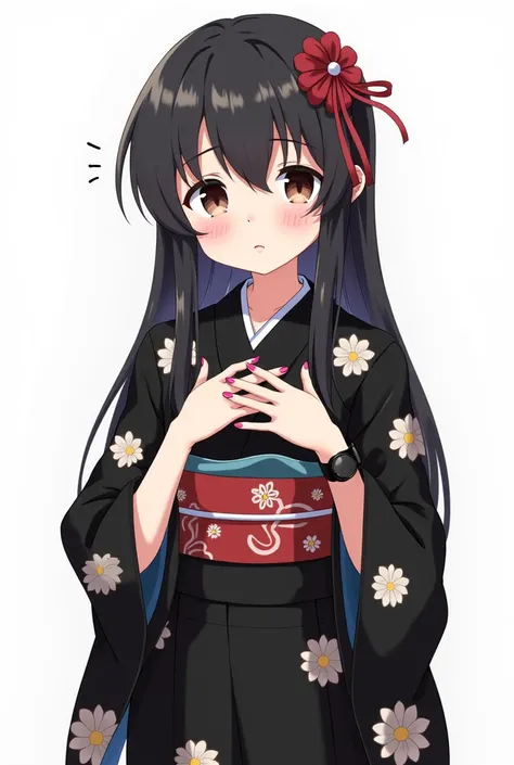 Anime girl with black yukata with worried flowers and with a white background and a full body and with pink nails and a black watch with her fists on her chest both hands with an emotion of nervousness and with an expression of concern and a feeling of sad...