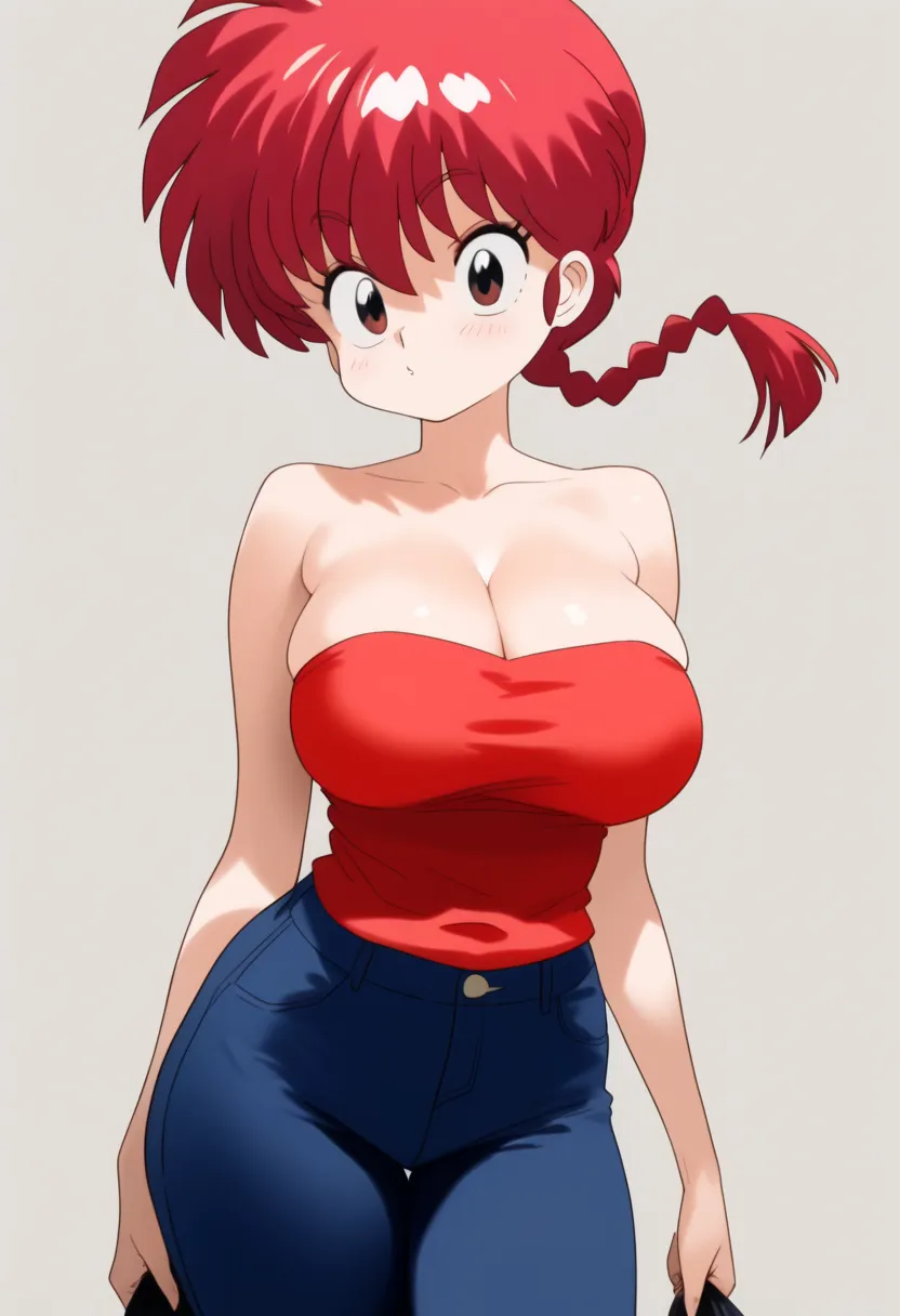 ranma saotome , red hair, braided hair, big boobs, nsfw, red tank top, strapless, cleavage, pecho enorme, redondo,  inflated and...