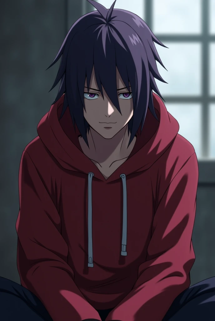 seni 3d, Conan character Akatsuki in the anime Naruto Shipuden, purple hair color , character wearing a red Hoodie,  as if sitting , with a sad face look  ,  against a background of blur ,4K UHD