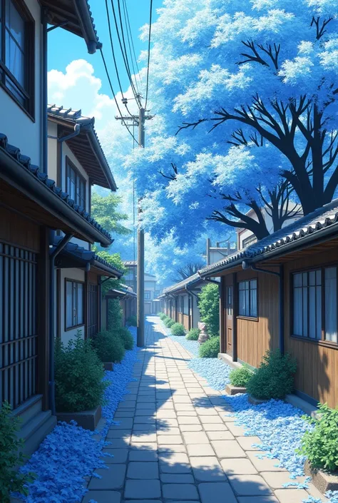 It generates an image showing a Japanese neighborhood and lots of light blue leaves and that is in 4k and that looks realistic but that no green color appears 